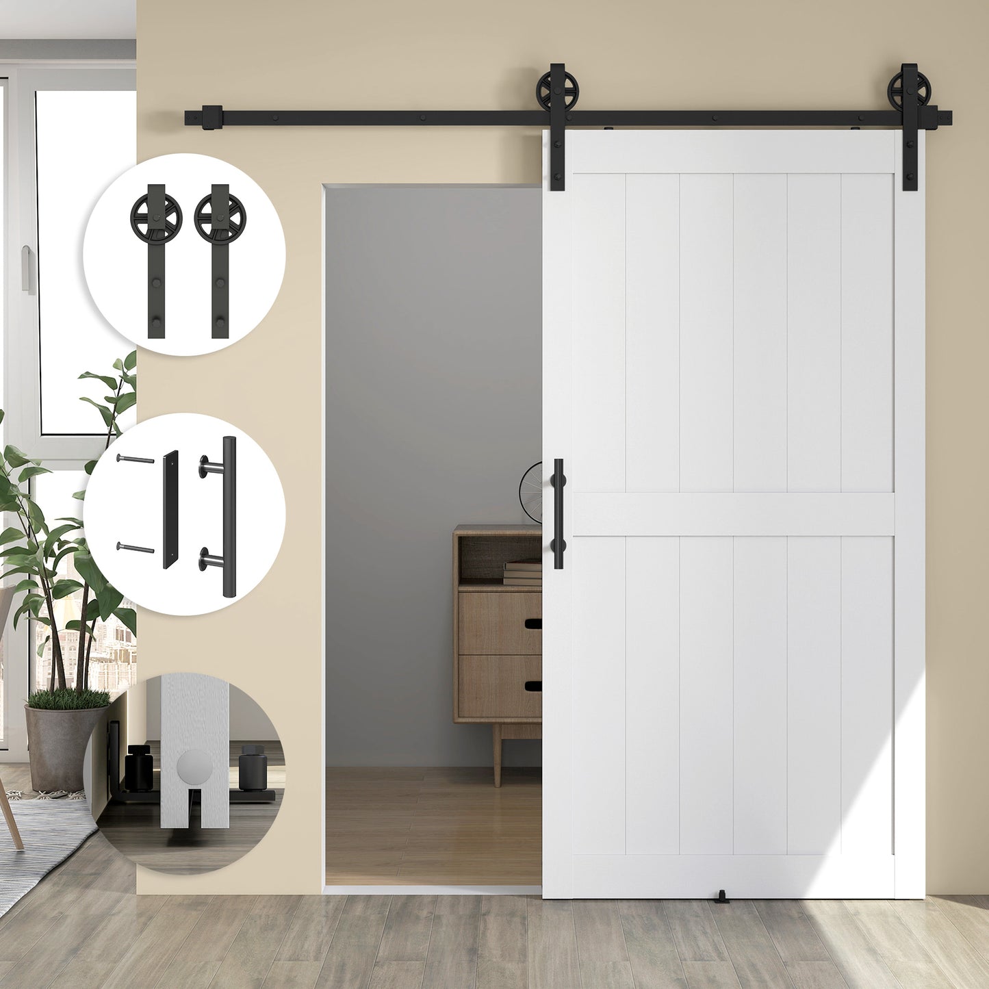 42inx84in Barn Door with 7FT Sliding Door Hardware Kit, Handle, Upgraded Rollers and Floor Guide, Waterproof, White