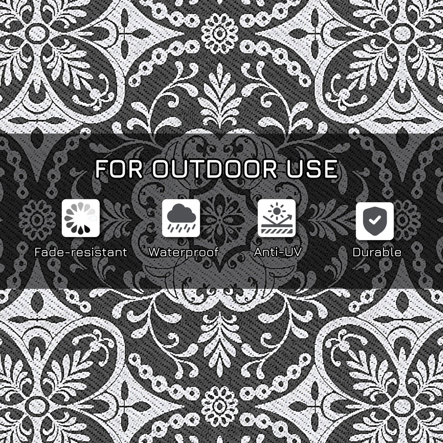 Portable Outdoor Rug with Carry Bag, 9' x 18' Reversible Mat, Waterproof Plastic Straw RV Rug for Backyard, Deck, Picnic, Beach, Camping, Gray & White Flower