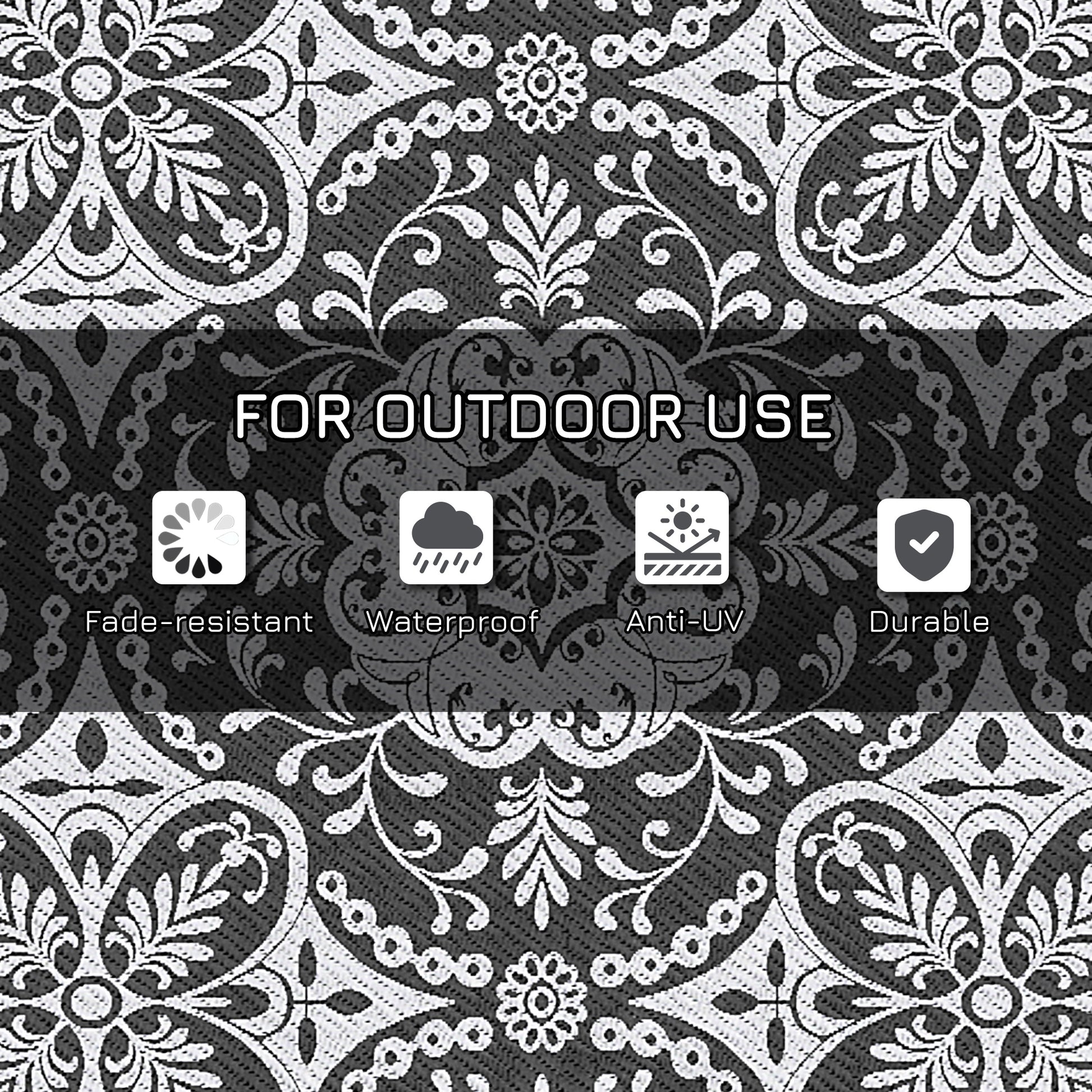 Portable Outdoor Rug with Carry Bag, 9' x 18' Reversible Mat, Waterproof Plastic Straw RV Rug for Backyard, Deck, Picnic, Beach, Camping, Gray & White Flower
