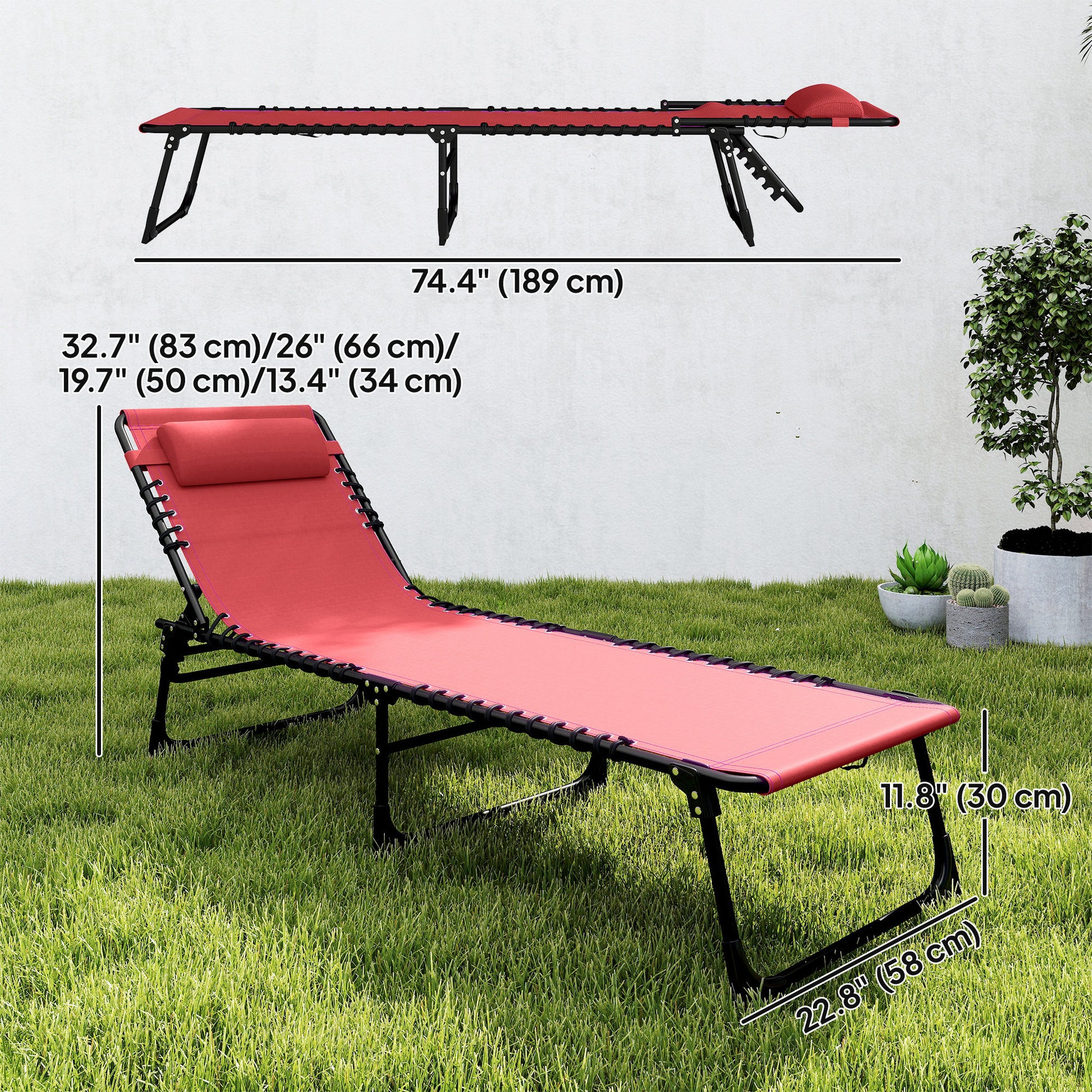 2 PCs Folding Lounge Chairs, Adjustable Chaise Lounge with Headrest, Reclining Lounger Cot for Camping, Hiking, Wine Red