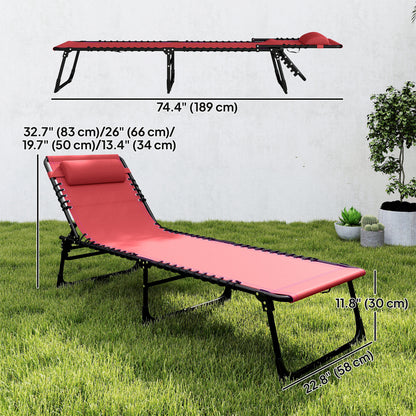 2 PCs Folding Lounge Chairs, Adjustable Chaise Lounge with Headrest, Reclining Lounger Cot for Camping, Hiking, Wine Red