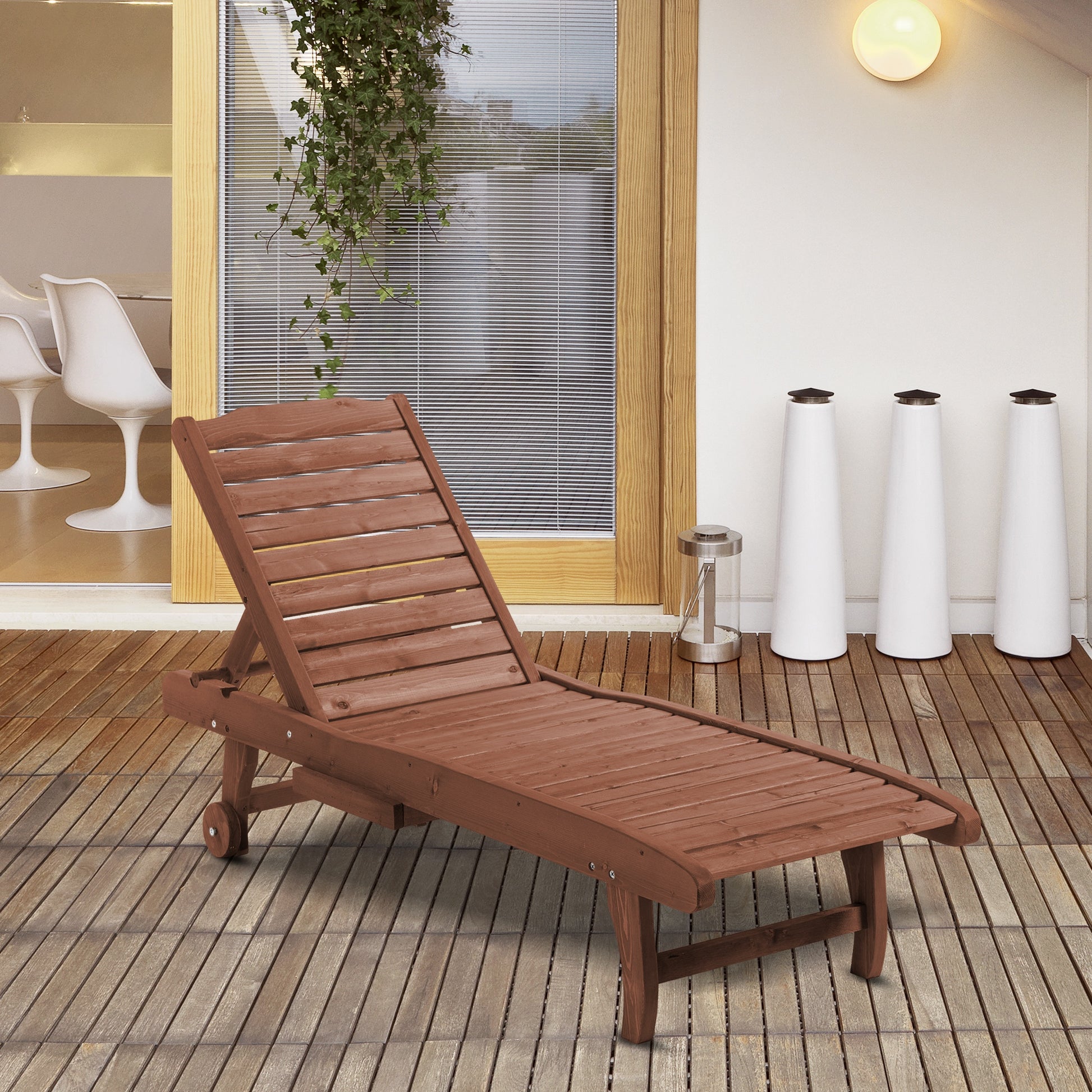 Wooden Outdoor Lounge Chair, Adjustable Patio Outdoor Chaise Recliner Garden Furniture, Tanning Chair with Pull-out Tray and 2 Wheels, Brown