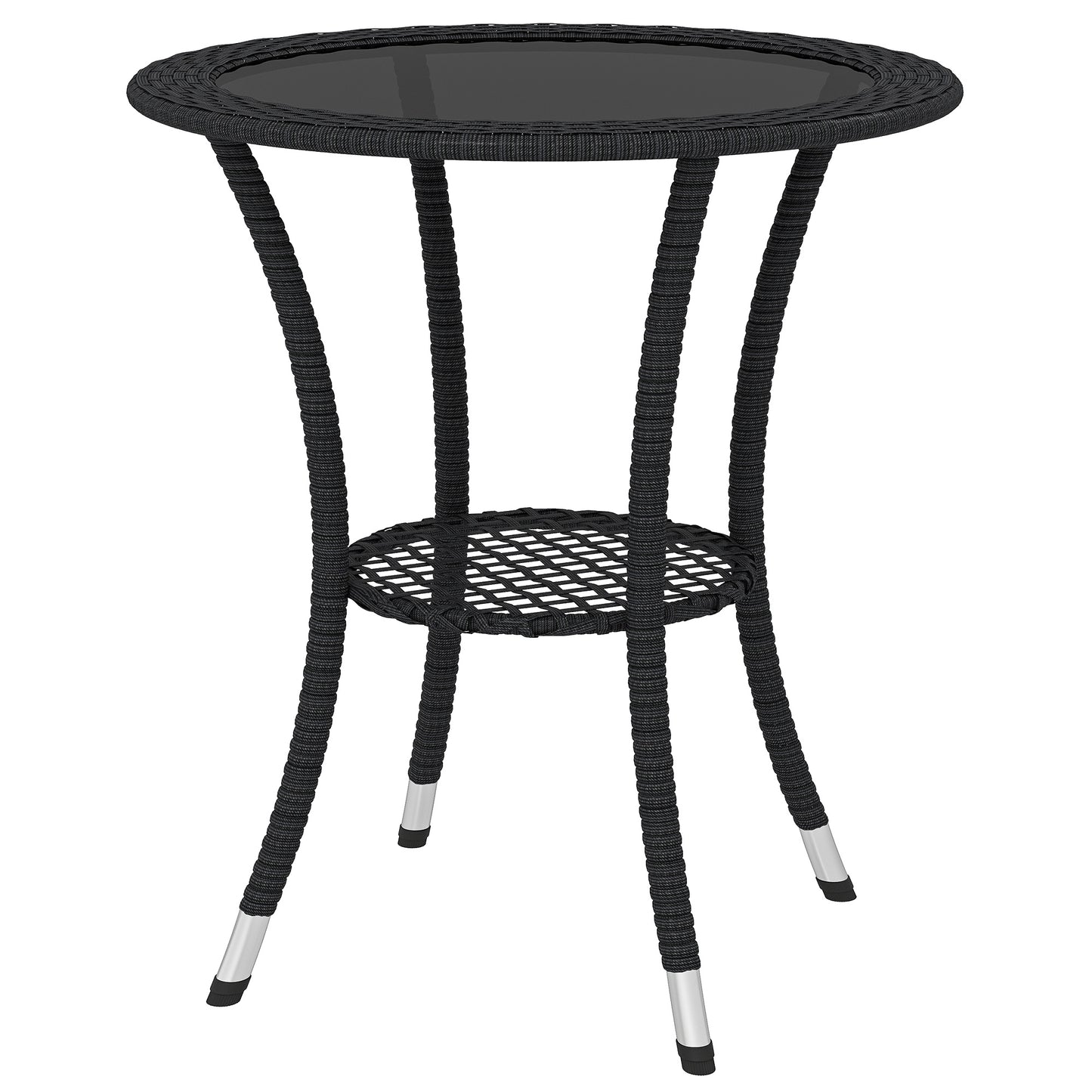 Outdoor Rattan Dining Table, Patio Wicker Round Coffee Table with 2-Tier Storage Shelf, Black