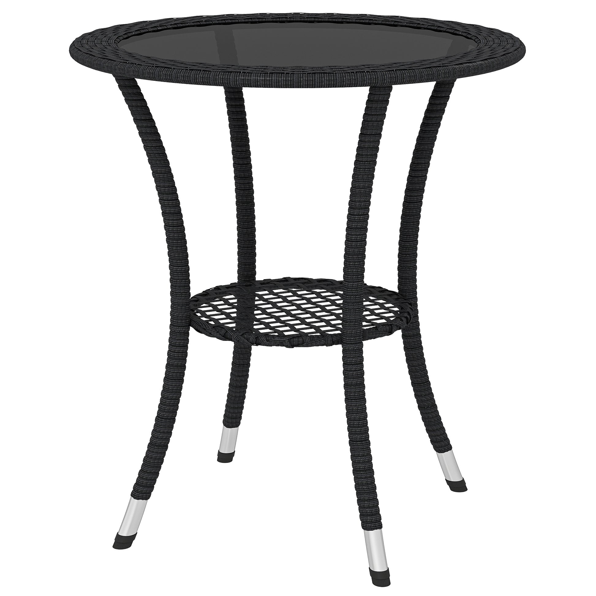 Outdoor Rattan Dining Table, Patio Wicker Round Coffee Table with 2-Tier Storage Shelf, Black