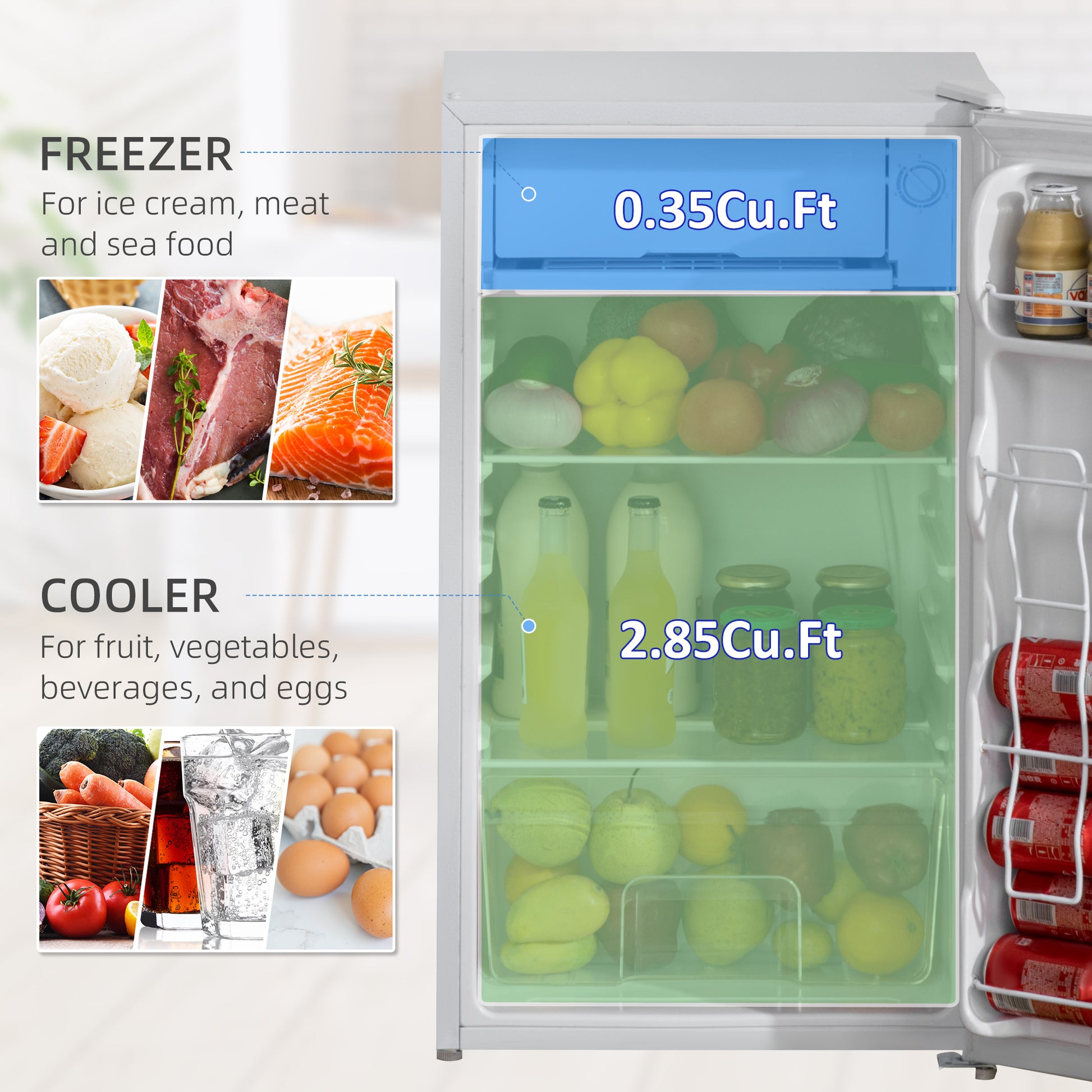 Compact Refrigerator, Mini Fridge with Freezer, Adjustable Shelf, Mechanical Thermostat and Reversible Door, White