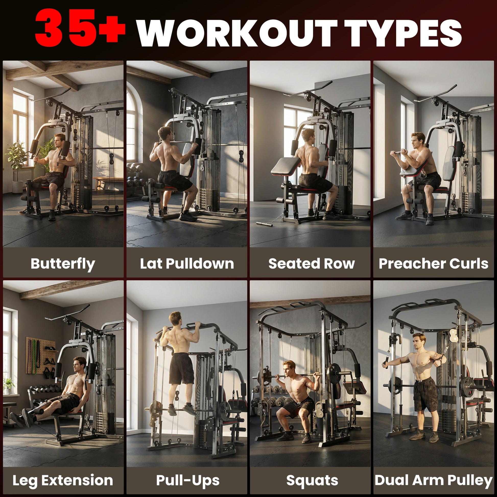 Soozier Home Multi Gym Smith Machine with 143LBS Weight Stack, Cable Pulley System, Chest Station, Preacher Pad, Leg Developer
