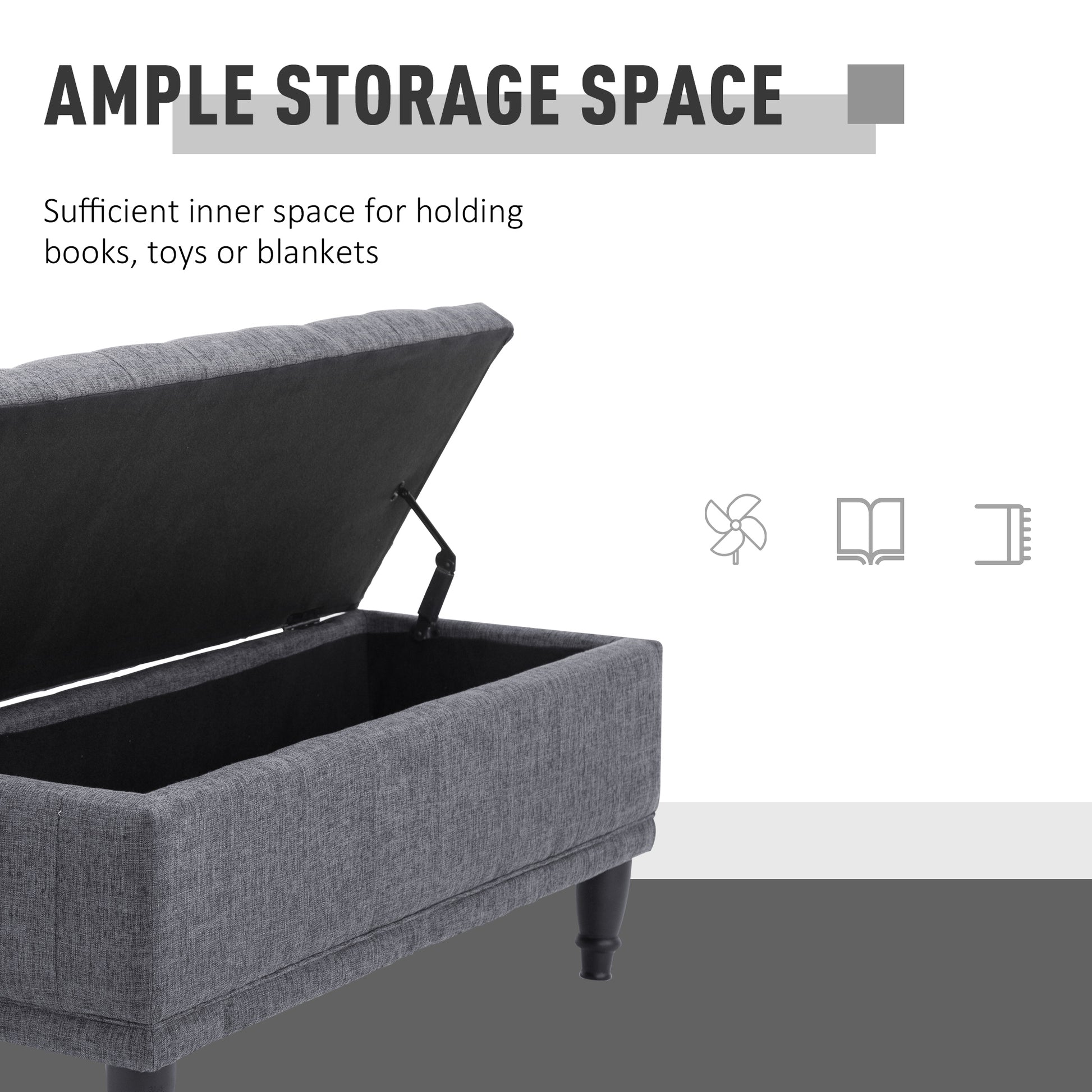 Storage Ottoman, Linen Fabric End of Bed Bench with Soft Close Lid, Button Tufted Storage Bench for Living Room, Entryway or Bedroom, 42" x 17" x 19", Grey