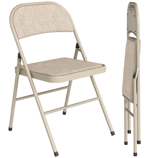Set of 2 Metal Foldable Chairs, Faux Linen Padded Folding Chairs with Cushion Seat and Open Back for Indoor, Beige