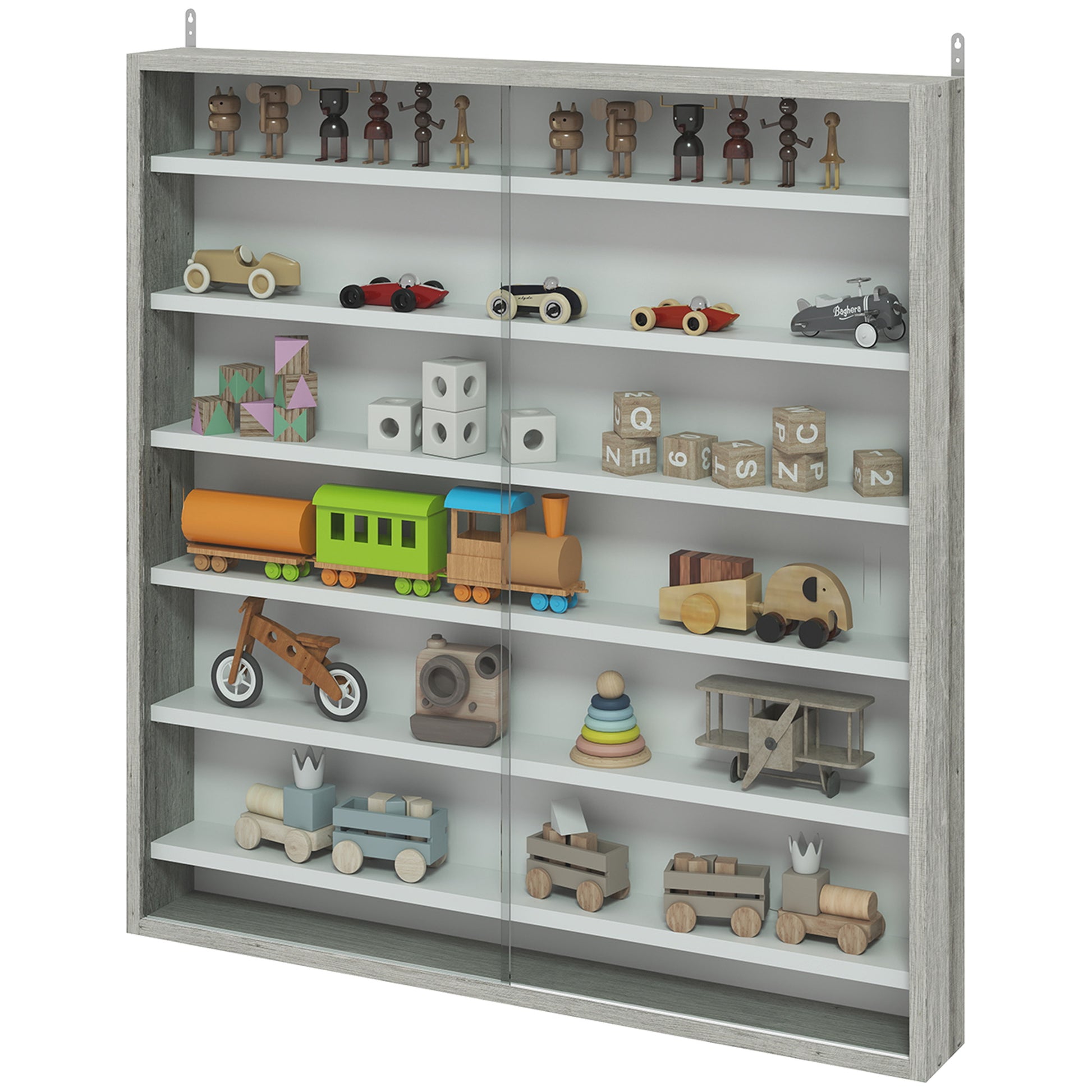 7-Tier Display Cabinet, Shot Glass Display Case, Glass Curio Cabinet with 2 Glass Doors and 6 Adjustable Shelves, Grey