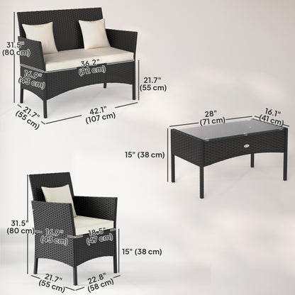 4-Piece Rattan Outdoor Furniture Set Patio Furniture Set with Coffee Table 22.8" W x 21.7" D x 33.5" H Black & Cream