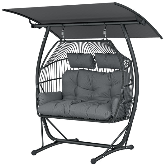 Hanging Double Egg Chair Outdoor Egg Swing Chair with Canopy, Cushion, Stand, Dark Grey