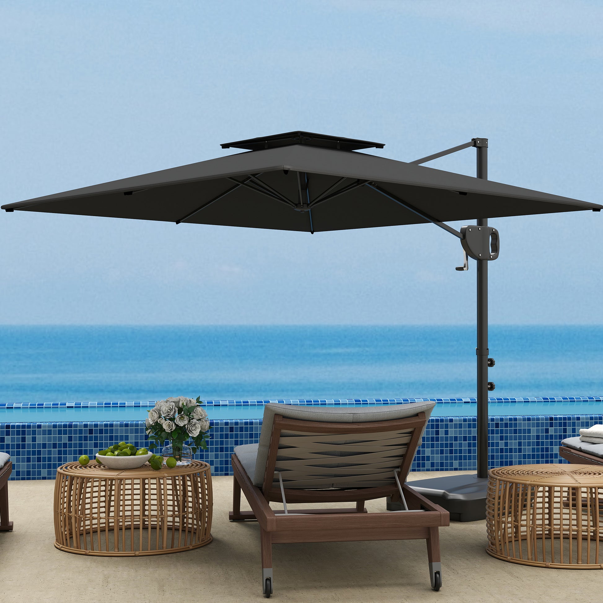 Square Cantilever Patio Umbrella, Double Top Patio Hanging Offset Umbrella with Crank & Tilt, 8' x 9', Dark Grey