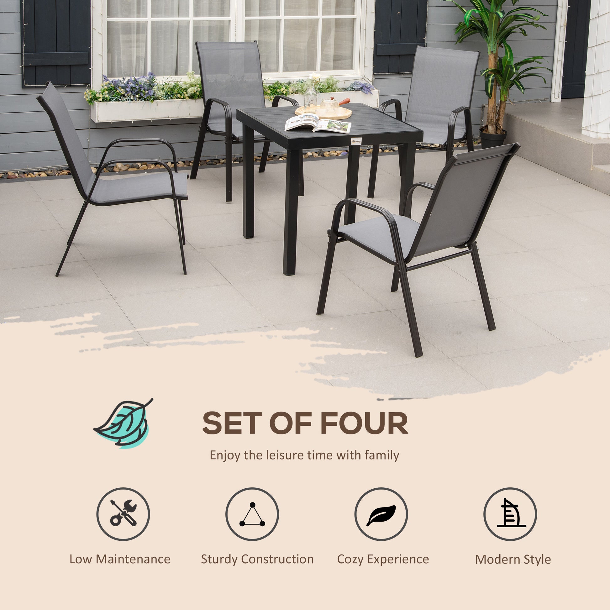 Set of 4 Outdoor Dining Chairs, Heavy Duty Stackable Patio Dining Set with Armrests for Balcony Garden, Dark Grey