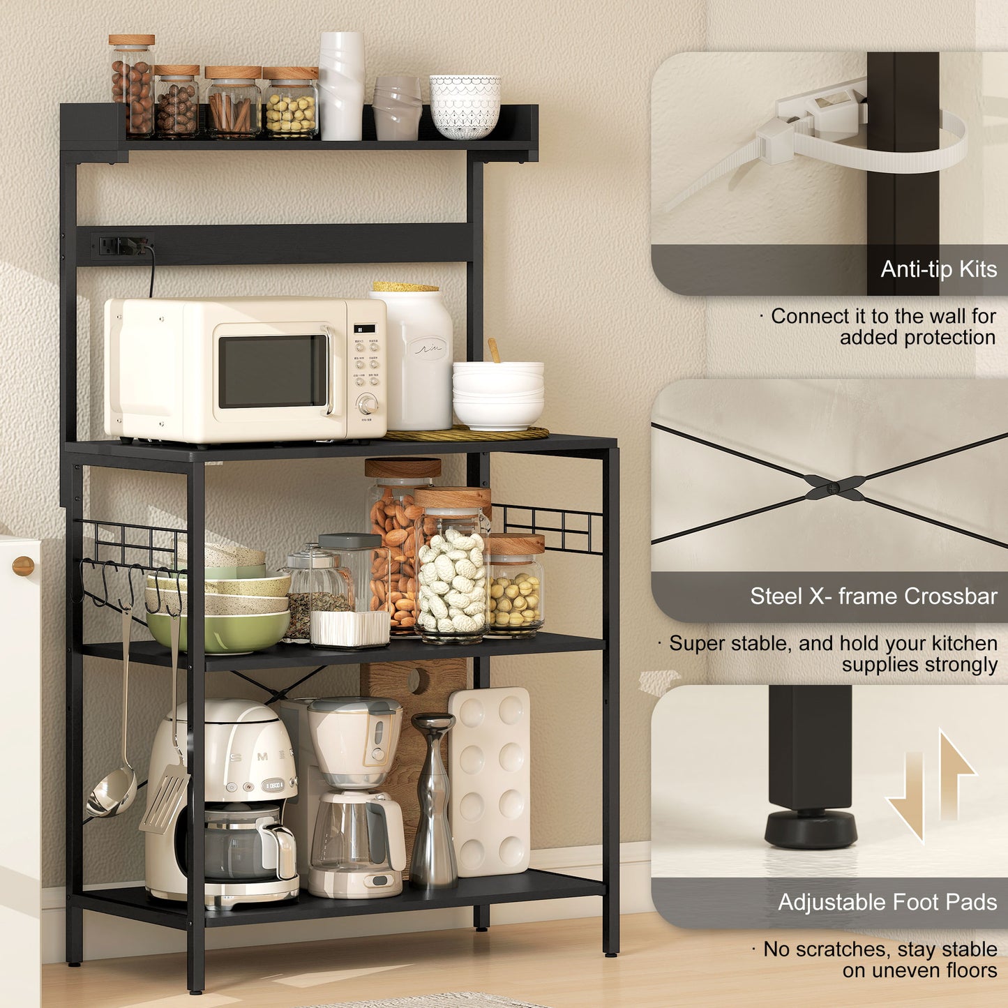 Kitchen Baker's Rack with Power Outlet, Coffee Bar Station with Adjustable Shelves and Hooks, Distressed Black