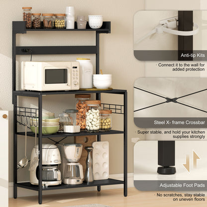 Kitchen Baker's Rack with Power Outlet, Coffee Bar Station with Adjustable Shelves and Hooks, Distressed Black