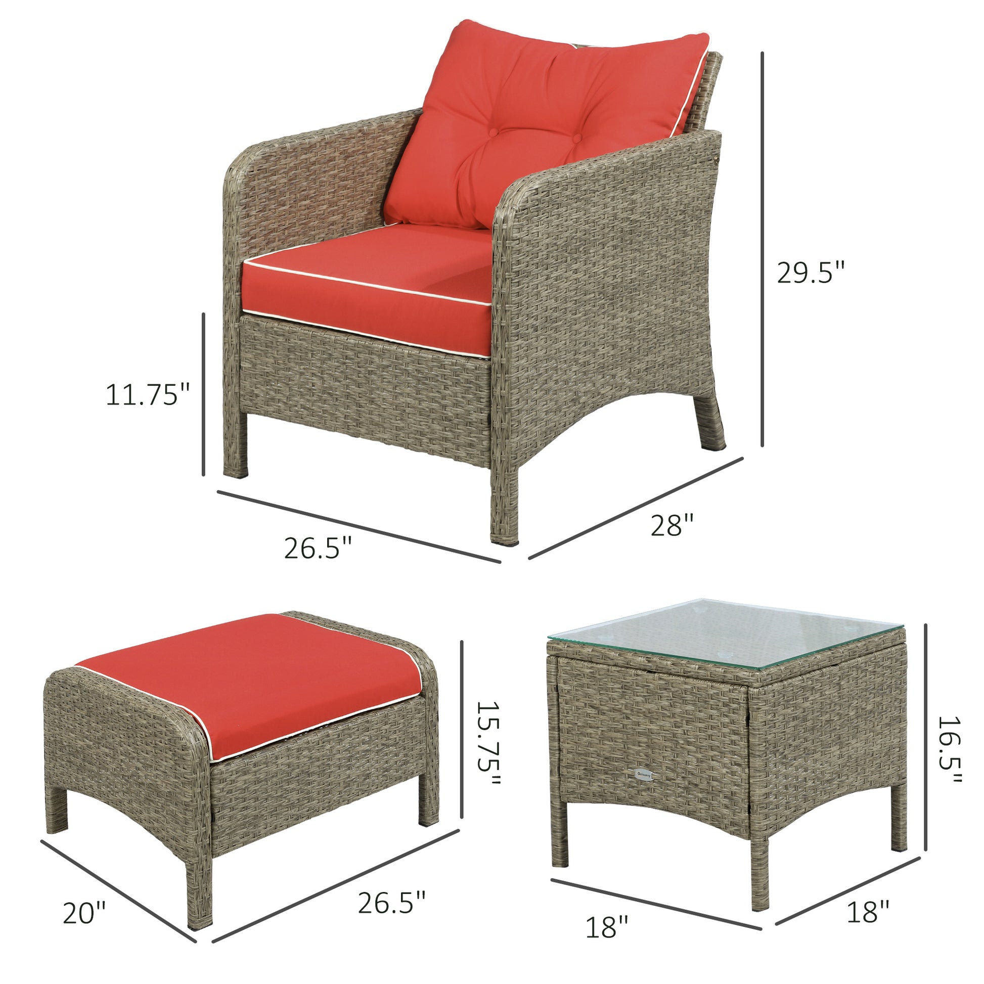 5 Pieces Wicker Patio Furniture Sofa Set Thick Padded Cushions, Outdoor PE Rattan Conversation Coffee Set with Armchairs, Footstools and Glass Top Table, Red