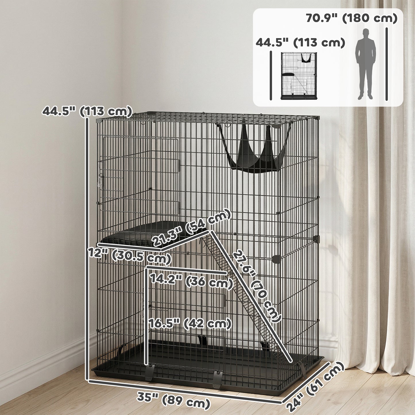 2-Tier Cat Cage Indoor, Detachable Metal Wire Kennel with Hammock, Platform, Tray and Cushion for 1-2 Kittens