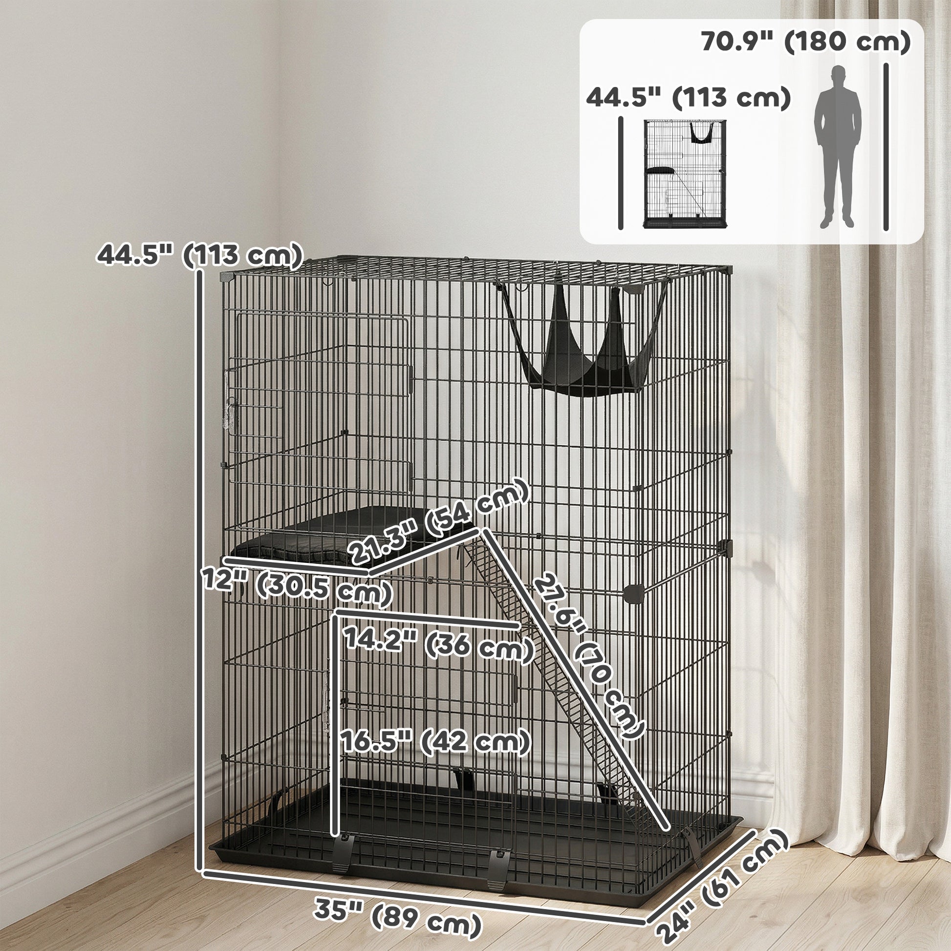2-Tier Cat Cage Indoor, Detachable Metal Wire Kennel with Hammock, Platform, Tray and Cushion for 1-2 Kittens