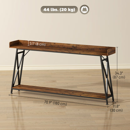 71" Extra Long Console Table with Storage Shelf and Guardrails, Industrial Entryway Table for Living Room, Rustic Brown