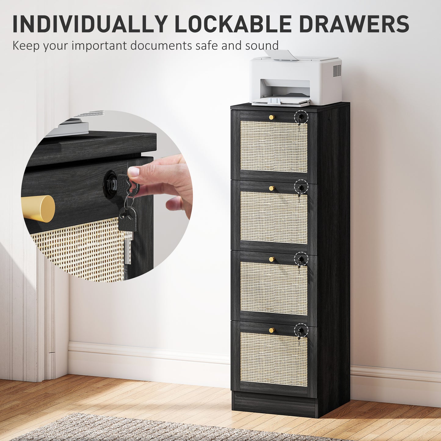 4 Drawer Filing Cabinet with Lock, Boho File Cabinet for A4 Letter Size Files with Decorative Rattan Accents, Black