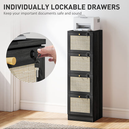 4 Drawer Filing Cabinet with Lock, Boho File Cabinet for A4 Letter Size Files with Decorative Rattan Accents, Black