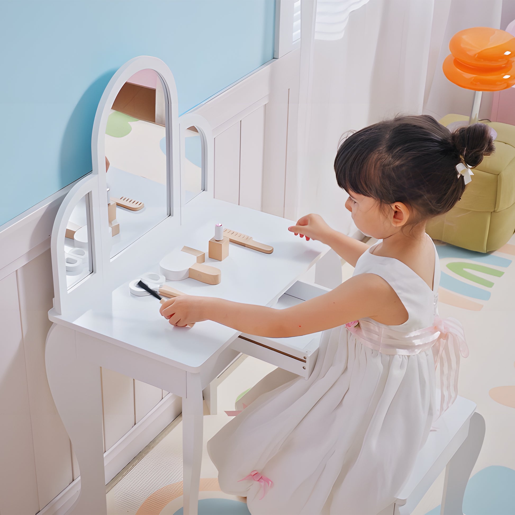 Qaba Kids Dressing Table and Chair Set, Girls Dressing Set, Makeup Desk with Drawer for 3-6 Years Old Kids, White