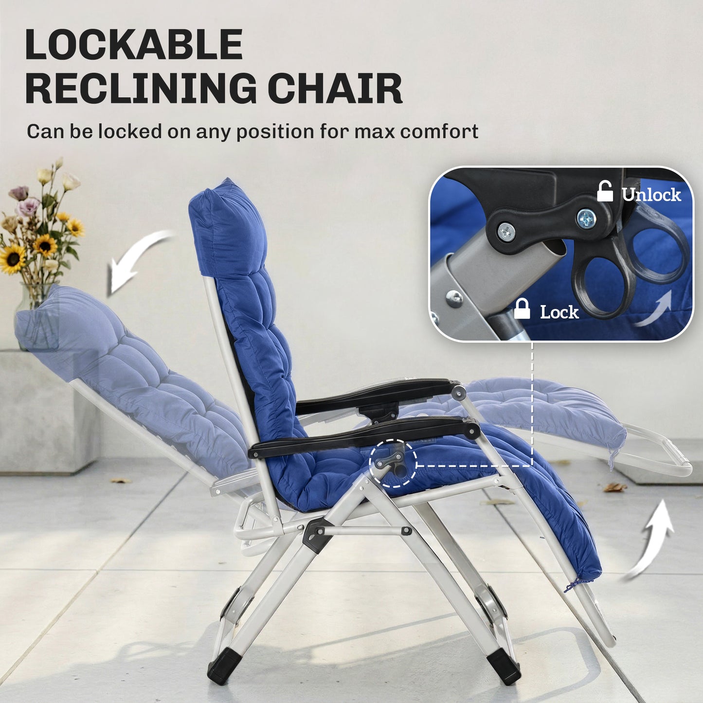 Reclining Zero Gravity Chair with Adjustable Backrest, Folding Garden Sun Lounger, Outdoor Recliner with Removable Cushion and Headrest, Dark Blue