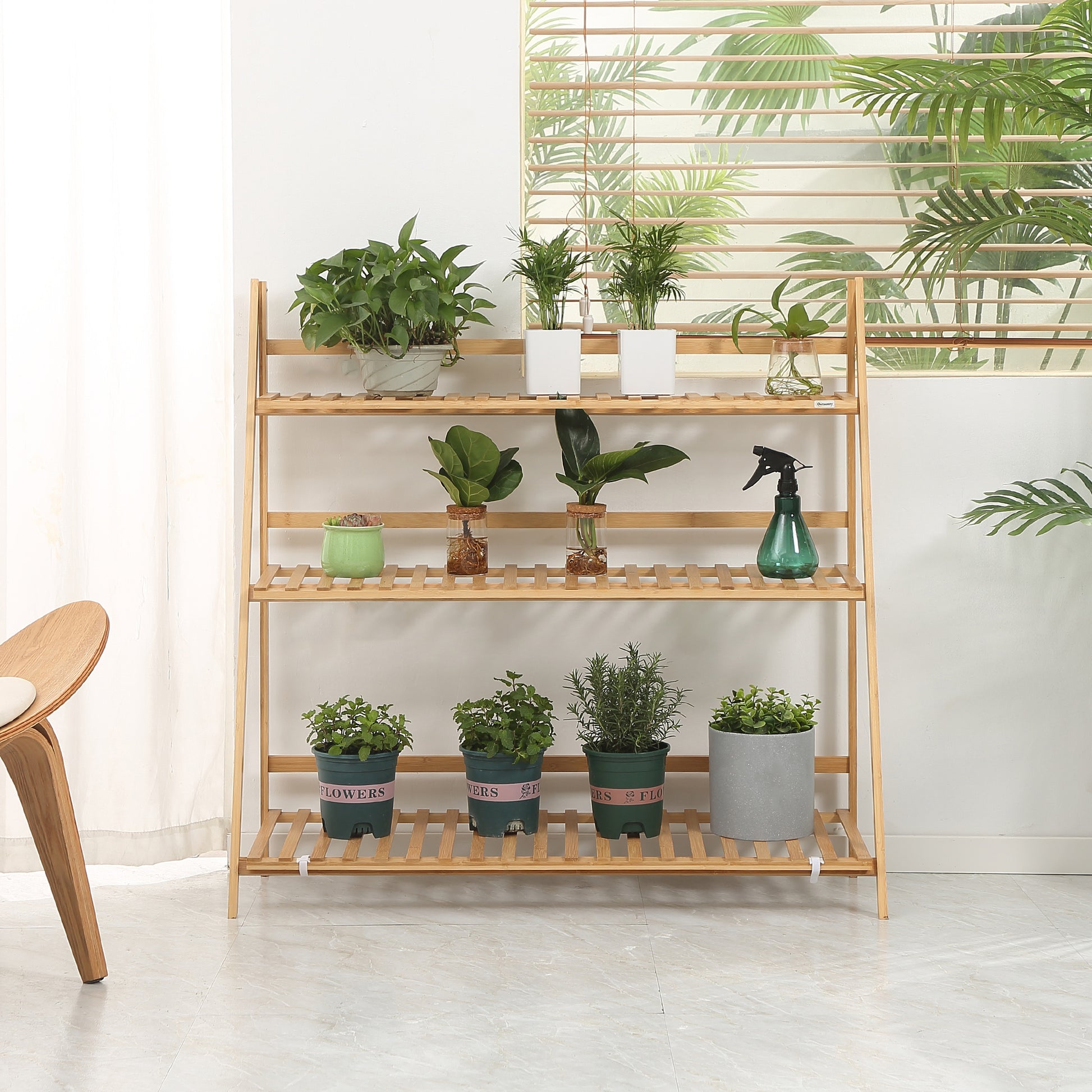 3-Tier Plant Stand, Plant Shelf Rack, Folding Bamboo Display Stand, 98x37x96.5cm, Natural