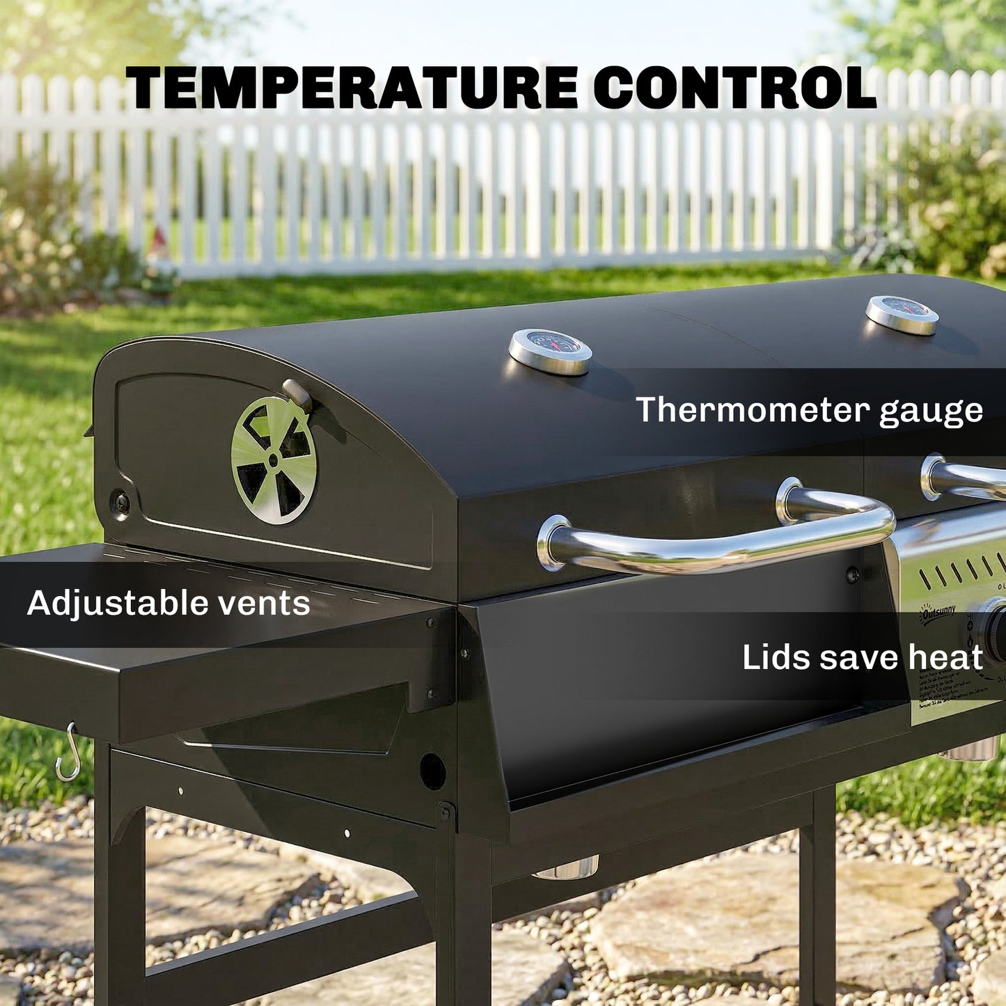 Dual Fuel BBQ Grill, Charcoal and 2+1 Gas Burner Barbecue Grill with Wheels, Warming Rack, Black