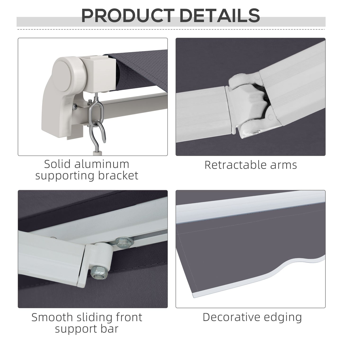 12' x 10' Manual Retractable Awning Outdoor Sunshade Shelter with Adjustable & Versatile Design, Dark Grey