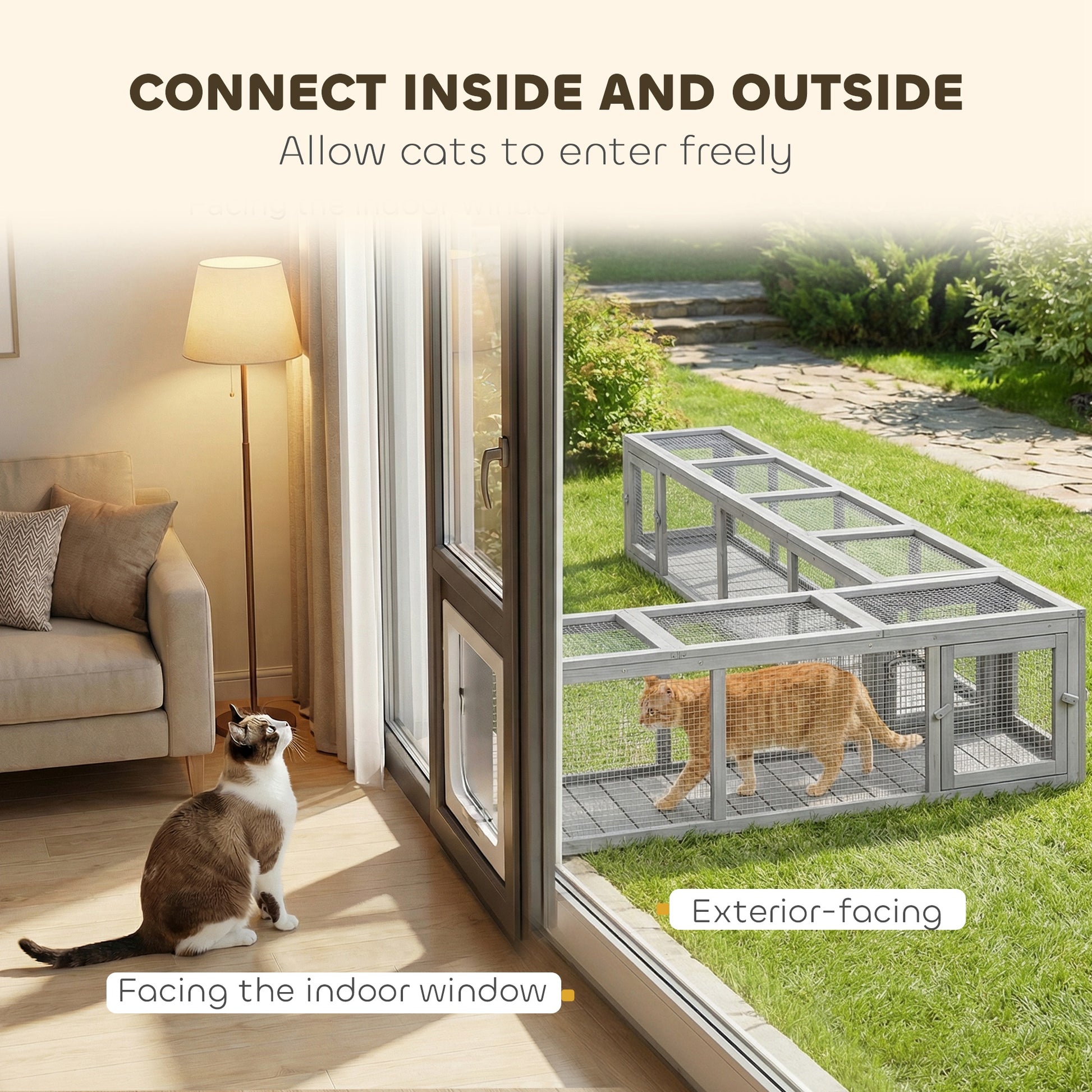 79" Long Cat Tunnel, Cat shelter L- Shape with Extendable Design for Indoor/Outdoor Use with Removable Door, Light Grey