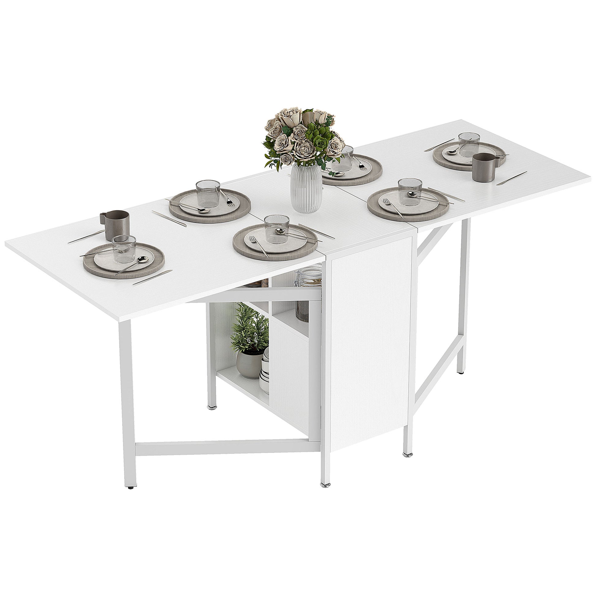 Multi-use Foldable Table with Hideaway Shelves, Drop Leaf Table for Kitchen, Dining, Study and Office, White
