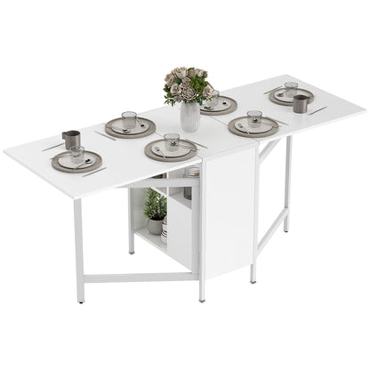 Multi-use Foldable Table with Hideaway Shelves, Drop Leaf Table for Kitchen, Dining, Study and Office, White