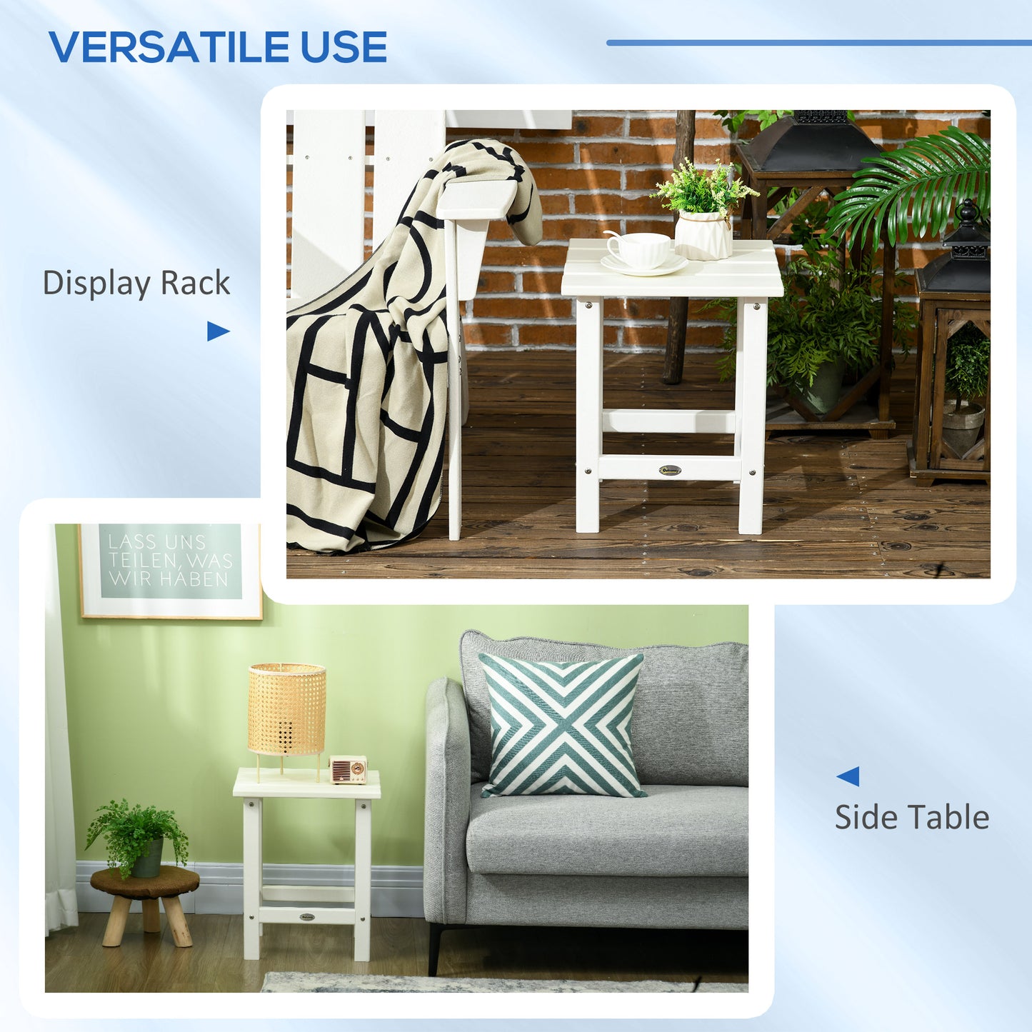 Side Table, Square Patio End Table, Weather Resistant 15" Outdoor HDPE Table for Porch, Balcony, White