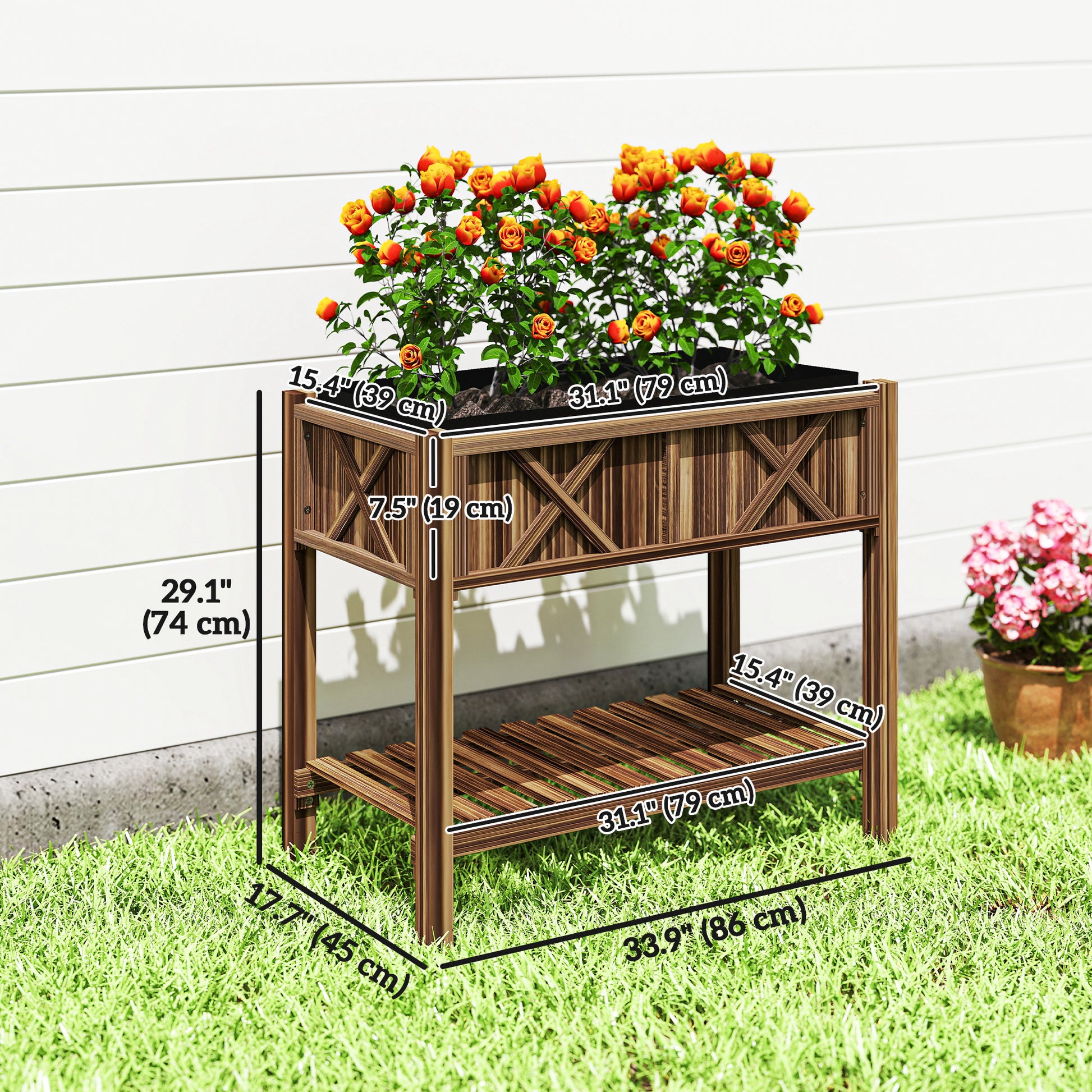 Wooden Raised Garden Bed, Elevated Planter Box with Storage Shelf, Drainage Holes and Liner, 34"x18"x30", Carbonized