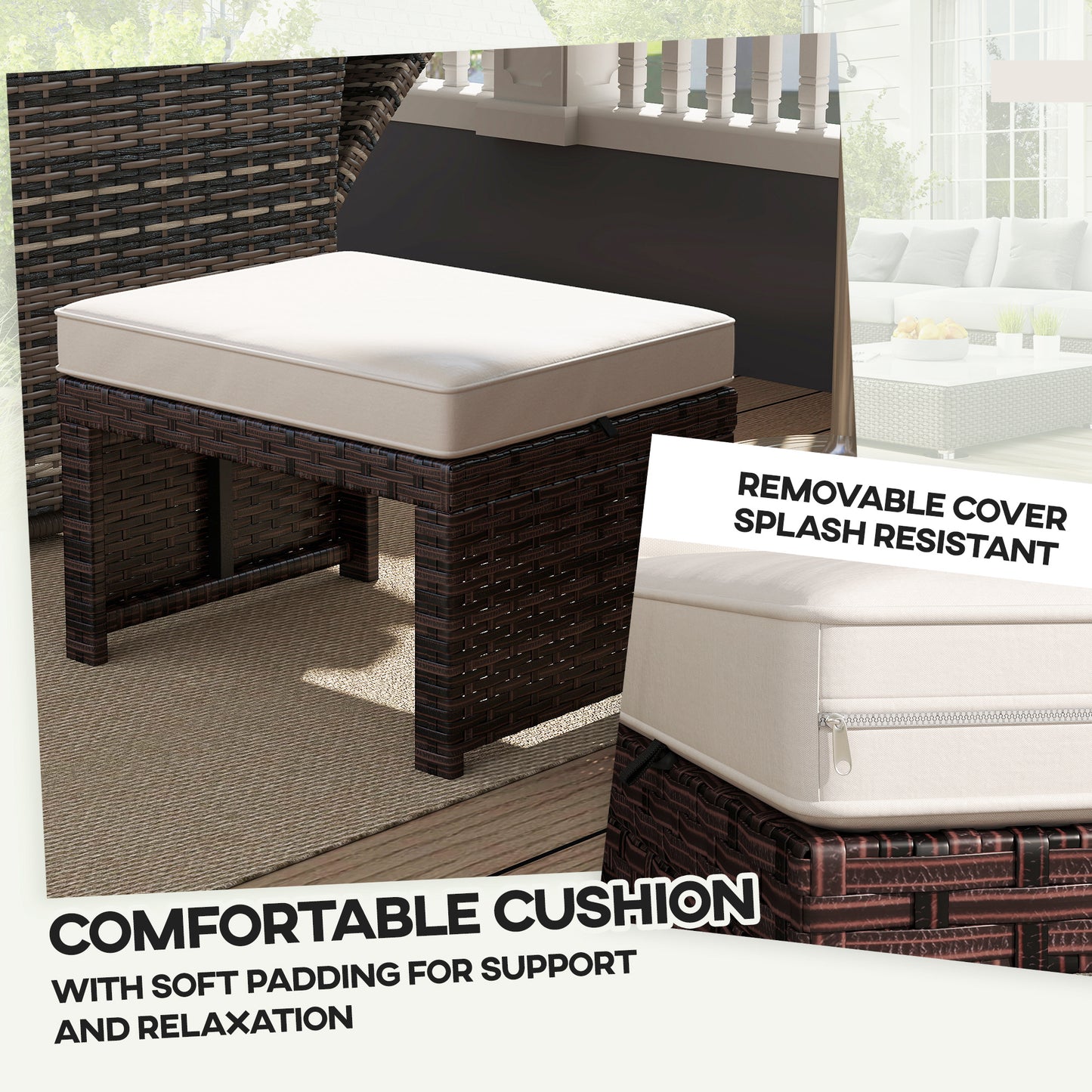 2 Pieces Wicker Outdoor Ottomans with Removable Cushions, Rattan Outdoor Seating, Footrest and Side Table, Khaki