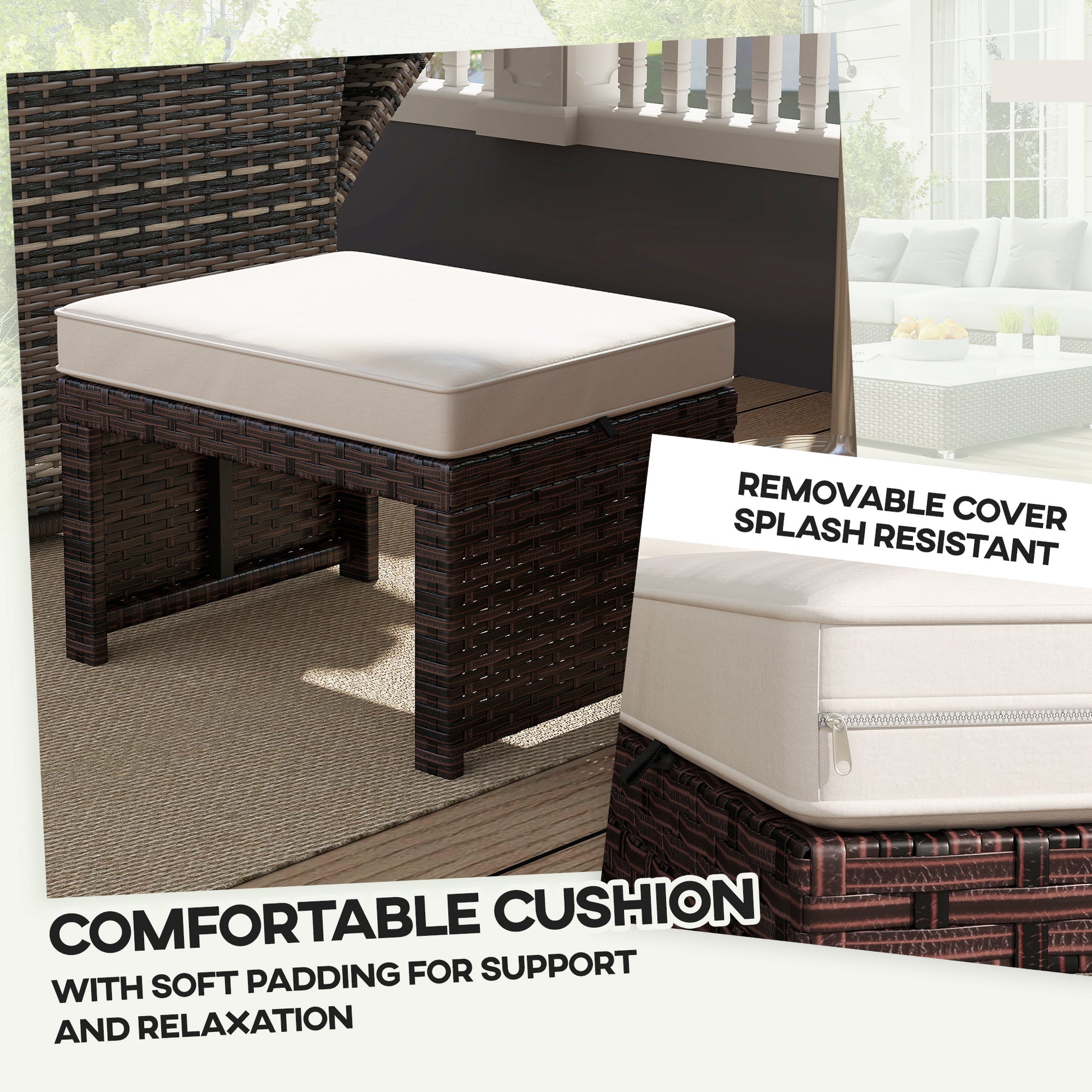 2 Pieces Wicker Outdoor Ottomans with Removable Cushions, Rattan Outdoor Seating, Footrest and Side Table, Khaki