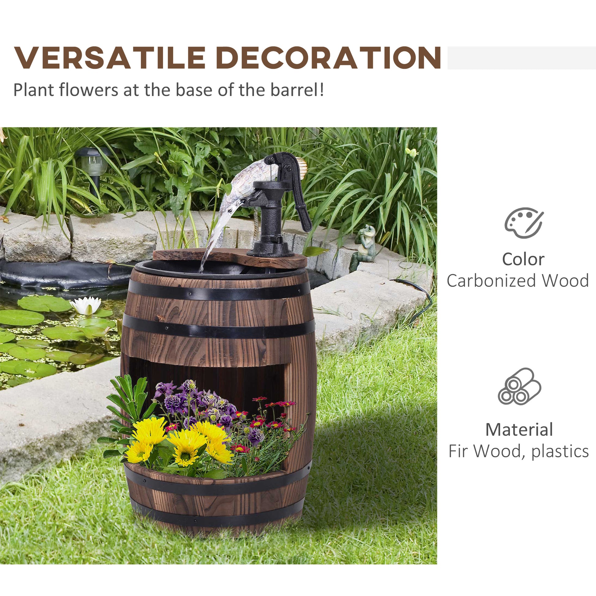 Wooden Outdoor Fountain, Electrical Barrel Waterfall with 3600r/min Speed Pump for Patio, Backyard, Carbonized