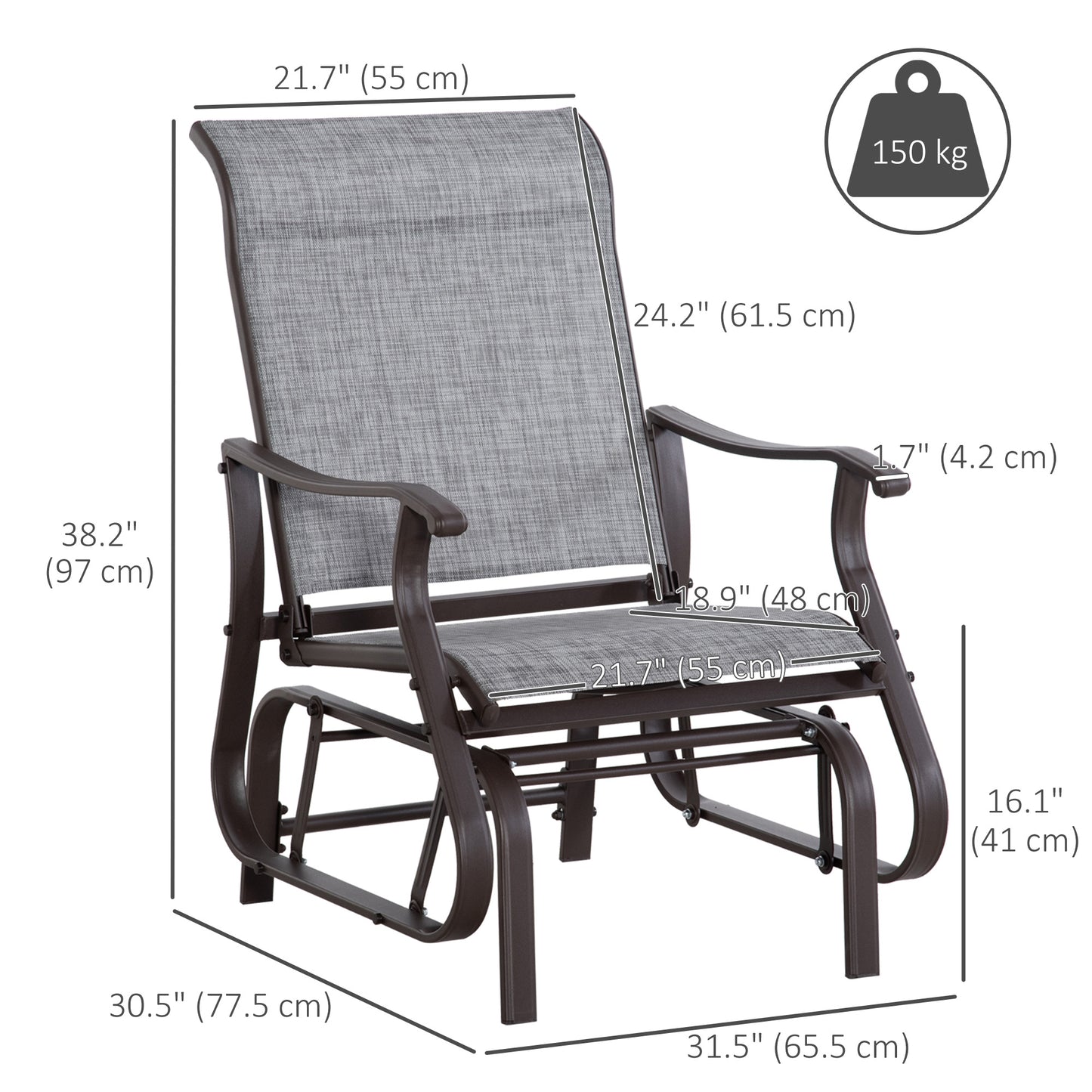 Outdoor Glider Chair, Patio Glider with Steel Frame and Mesh Fabric, Outdoor Patio Chair for Backyard, Garden and Porch, Grey