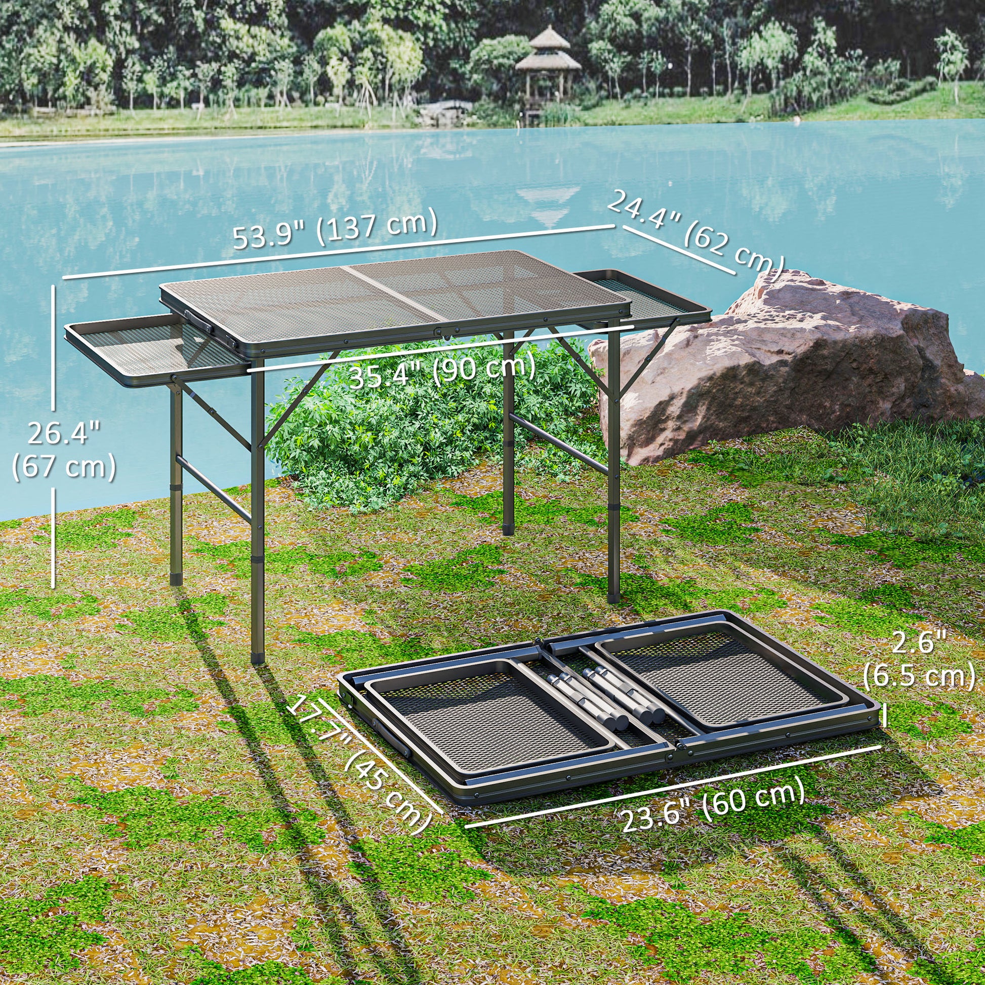 4.5ft Folding Grill Table, Height Adjustable Camping Table w/ Wing Panels, Metal Portable Picnic Table w/ Mesh Desktop