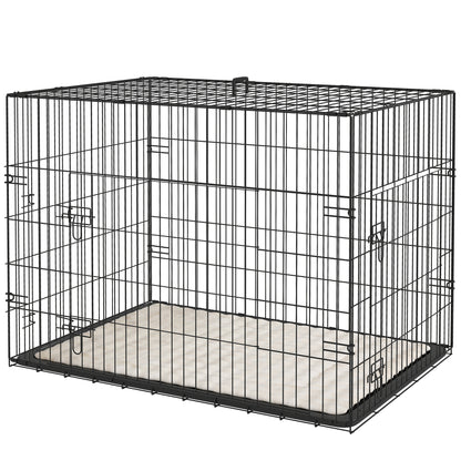35" Dog Crate with 2 Doors, Folding Metal Dog Cage with Soft Cushion, Removable Tray, Handle, Black