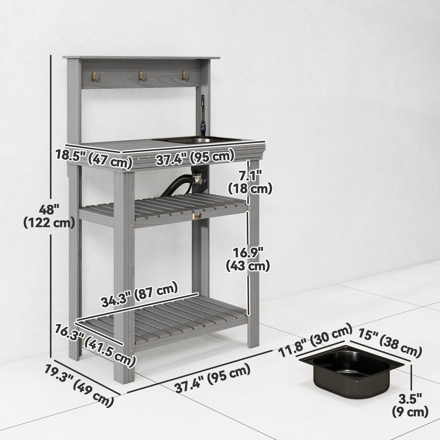 Outdoor Potting Bench Table with Faucet, Removable Sink, Hooks and Storage Shelves, Wood Work Bench Workstation, Grey
