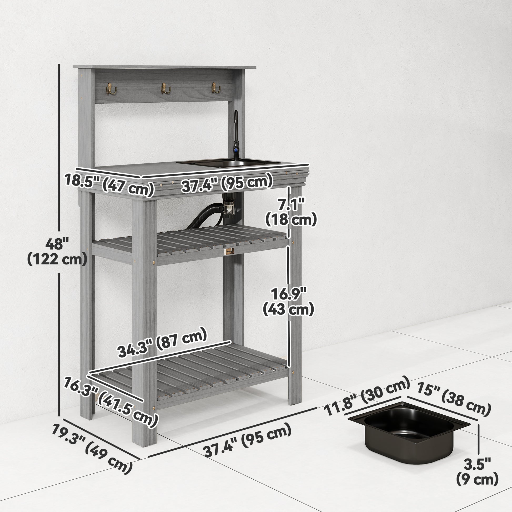 Outdoor Potting Bench Table with Faucet, Removable Sink, Hooks and Storage Shelves, Wood Work Bench Workstation, Grey