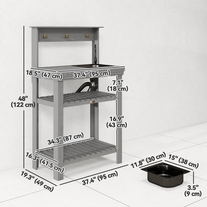 Outdoor Potting Bench Table with Faucet, Removable Sink, Hooks and Storage Shelves, Wood Work Bench Workstation, Grey
