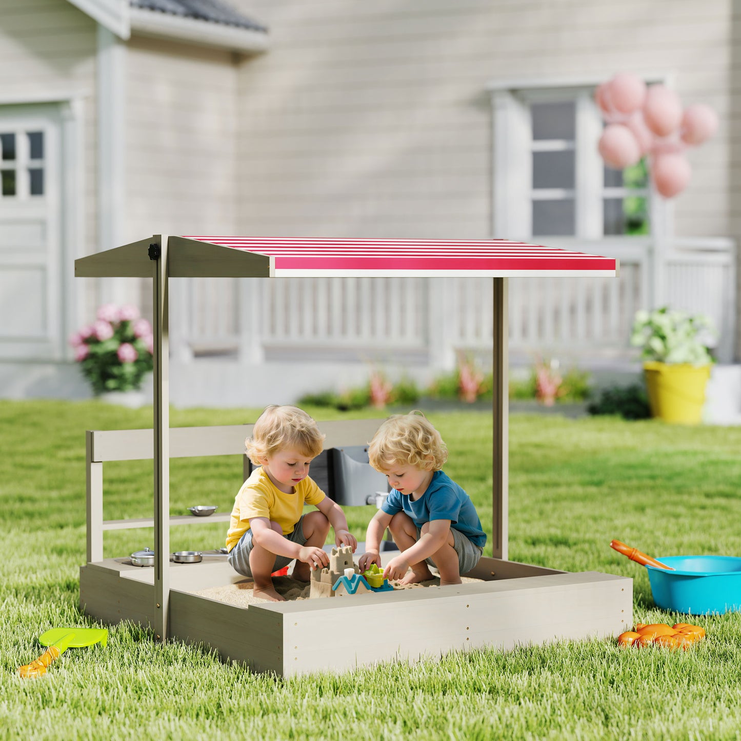 Kids Sandbox with Cover Kitchen Playset Toys, Wooden Sand Box with Seat, Storage, for 3-7 Years Old, Grey