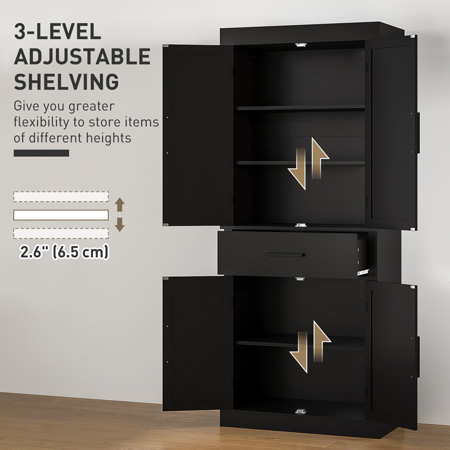 72" Kitchen Storage Cabinet, Farmhouse Kitchen Pantry Cabinet with 4 Barn Doors, Drawer, Adjustable Shelves, Black