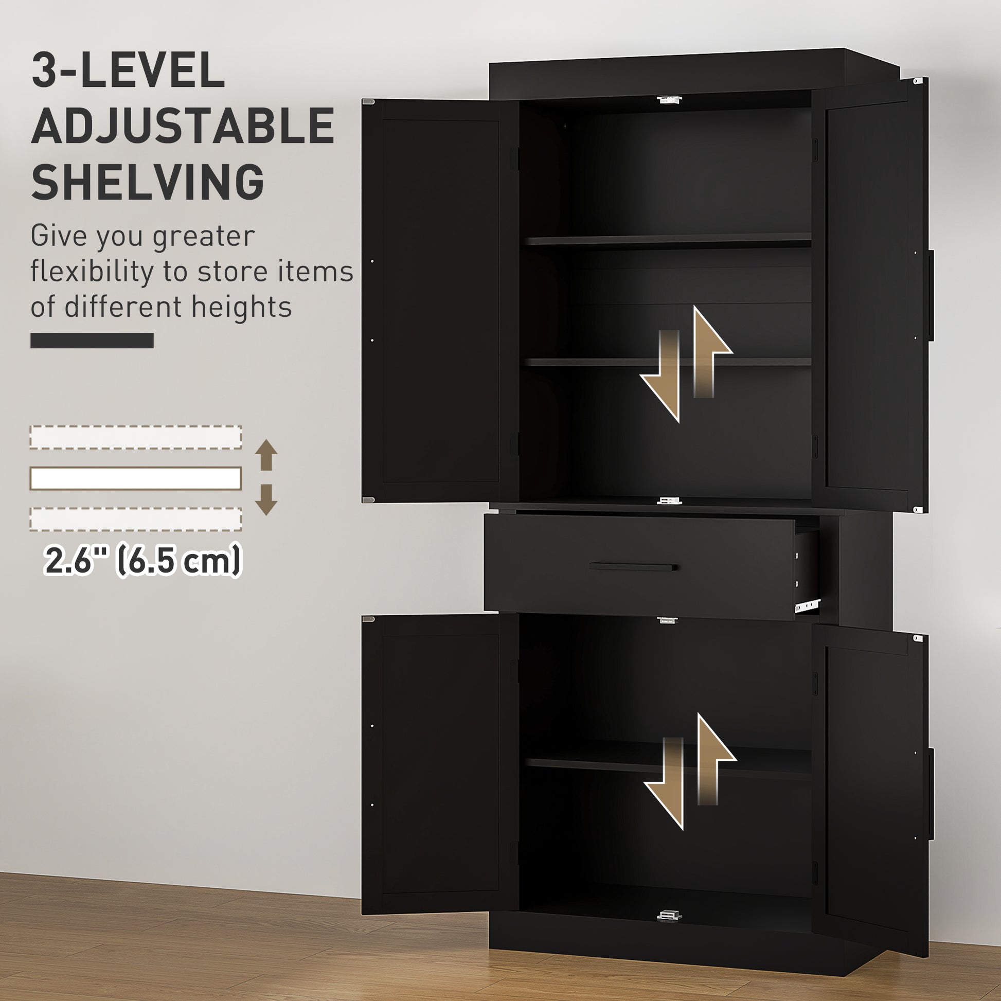 72" Kitchen Storage Cabinet, Farmhouse Kitchen Pantry Cabinet with 4 Barn Doors, Drawer, Adjustable Shelves, Black