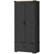 69" Tall Farmhouse Kitchen Pantry Cabinet with 2 Doors, Drawer and Adjustable Shelves, Black and Brown