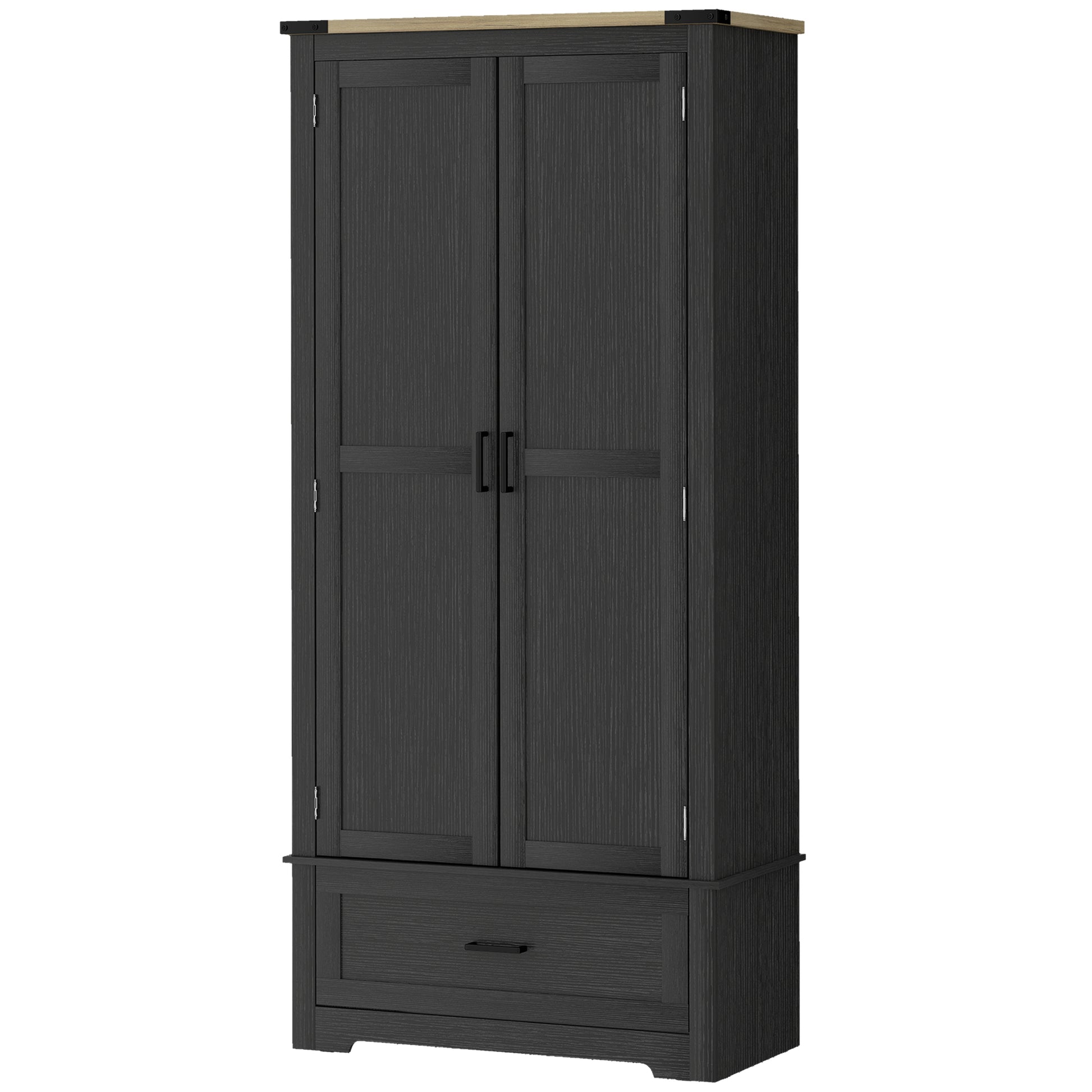 69" Tall Farmhouse Kitchen Pantry Cabinet with 2 Doors, Drawer and Adjustable Shelves, Black and Brown