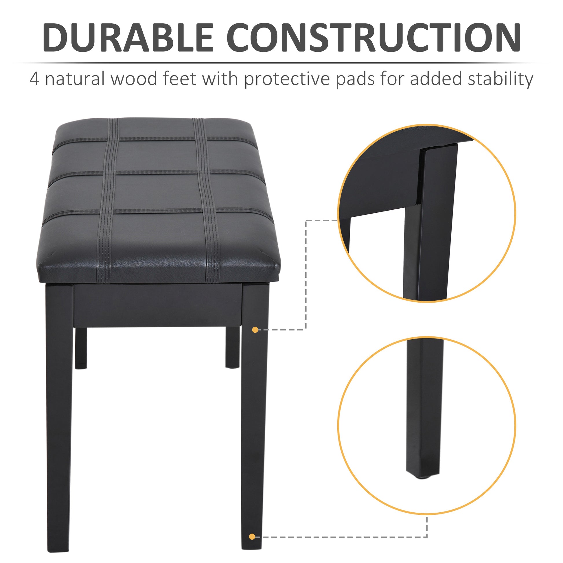 Classic Piano Bench Stool, PU Leather Padded Keyboard Seat with Rubber Wood Legs and Music Storage Compartment, Banded Seat, Black